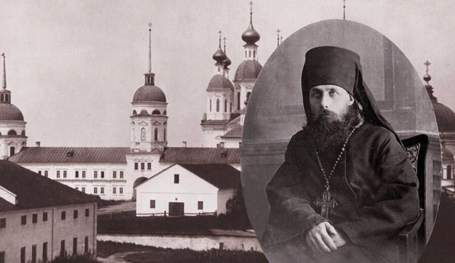 Hieromonk Arkady with the Hermitage of Sarov in the background