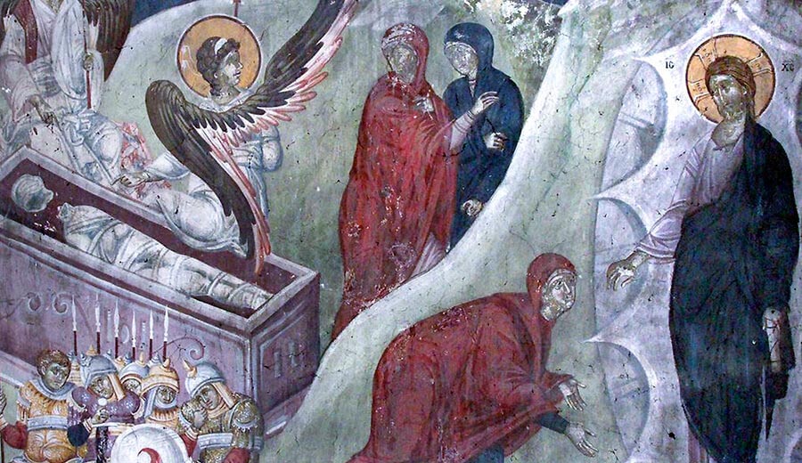 Myrrh-bearing women. Fragment of a fresco from the Church of Annunciation in Kosovo, Serbia