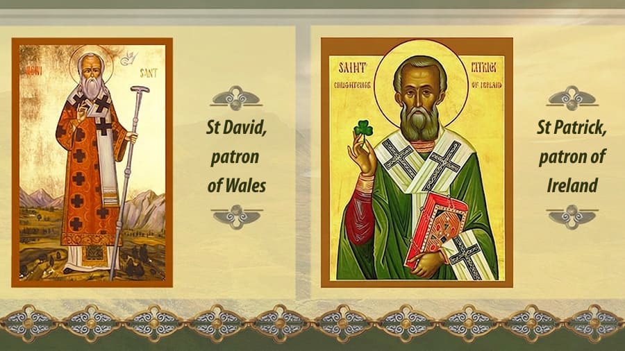 St David, patron of Wales, St Patrick, patron of Ireland