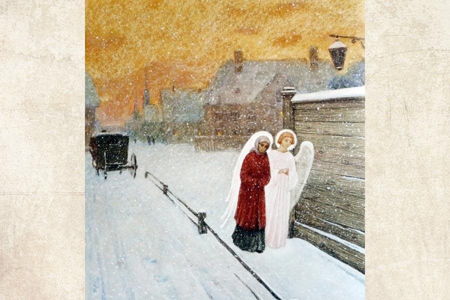 An angel shelters the saint