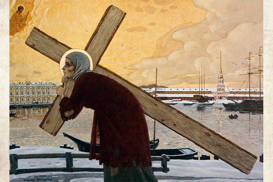 Blessed Xenia carries a cross