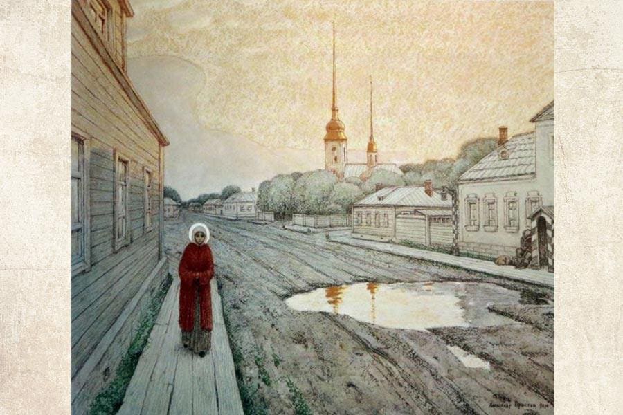 The saint walks along a little street